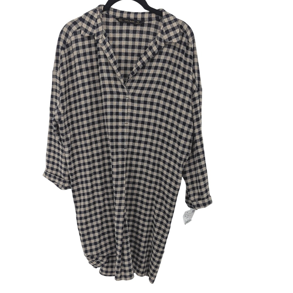 Zara Wool Blend Shirt Dress Women Small Black Beige Gingham Plaid Academia Fall